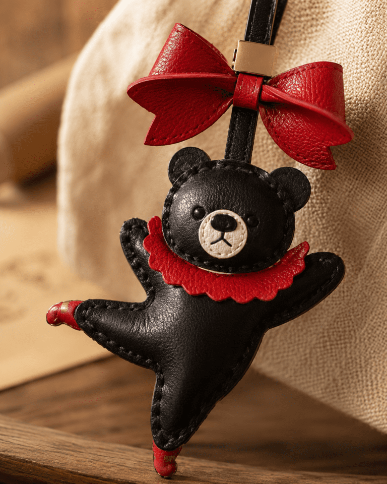 Macro photo of handmade black bear leather bag charm with red bow, red collar, black strap, gold slider, and stitching