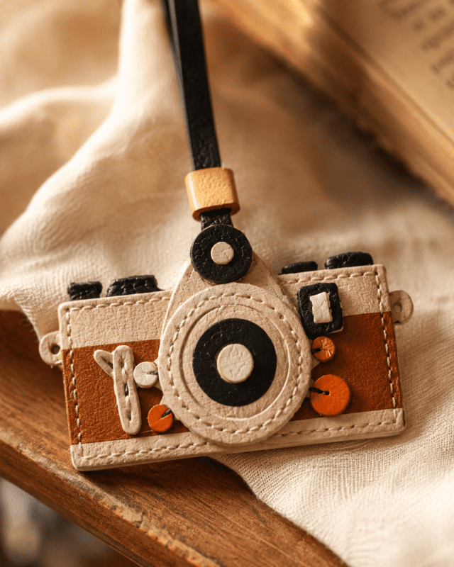 Macro photo of handmade camera leather bag charm with round lens, black strap, gold slider, brown panels, and stitching