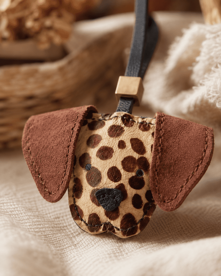 Macro photo of handmade spotted puppy leather bag charm with brown floppy ears, black nose, gold slider, and stitching