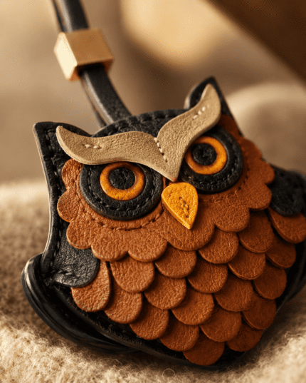 Macro photo of handmade owl leather bag charm with brown layered feathers, orange eyes, yellow beak, and gold slider