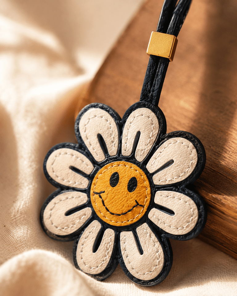 Macro photo of handmade daisy smiley leather bag charm with white petals, yellow smiley face, black outline, and gold slider