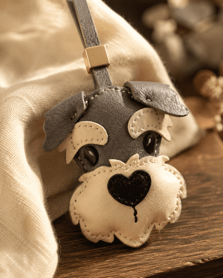 Macro photo of handmade schnauzer dog leather bag charm with gray ears, cream muzzle, black heart nose, and gold slider