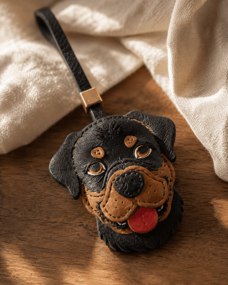 Macro photo of handmade Rottweiler leather bag charm with black and tan dog face, red tongue, black loop, gold slider, and stitched edges