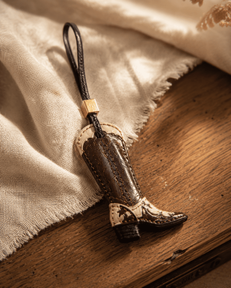 Macro photo of handmade cowboy boot leather bag charm with burgundy leather, cream western details, black loop, gold slider, and stitched edges