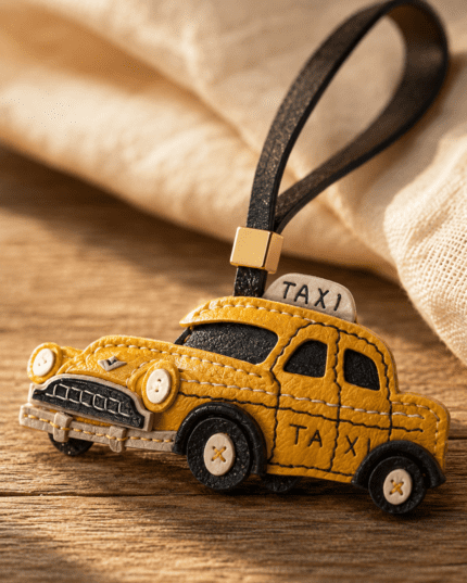 Macro photo of handmade yellow taxi leather bag charm with black loop, gold slider, stitched wheels, taxi sign, and leather texture