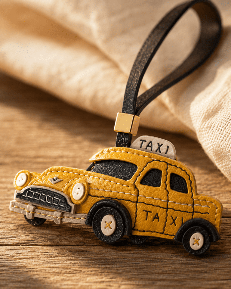 Macro photo of handmade yellow taxi leather bag charm with black loop, gold slider, stitched wheels, taxi sign, and leather texture