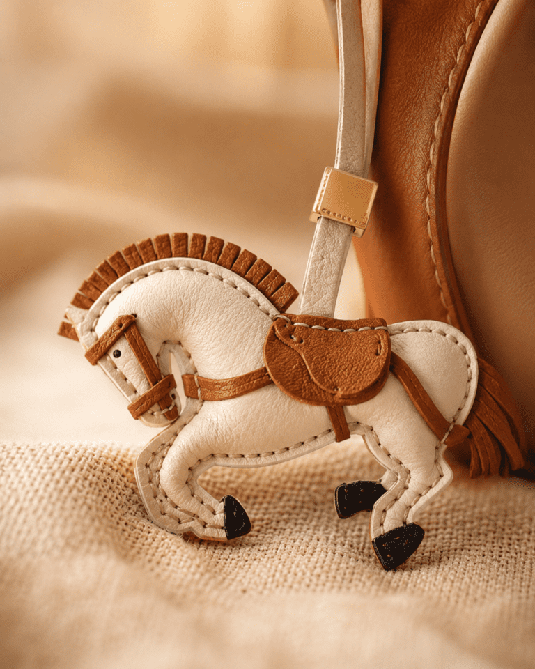 Macro photo of handmade leather horse bag charm with cream body, brown saddle, white strap, gold slider, and stitching