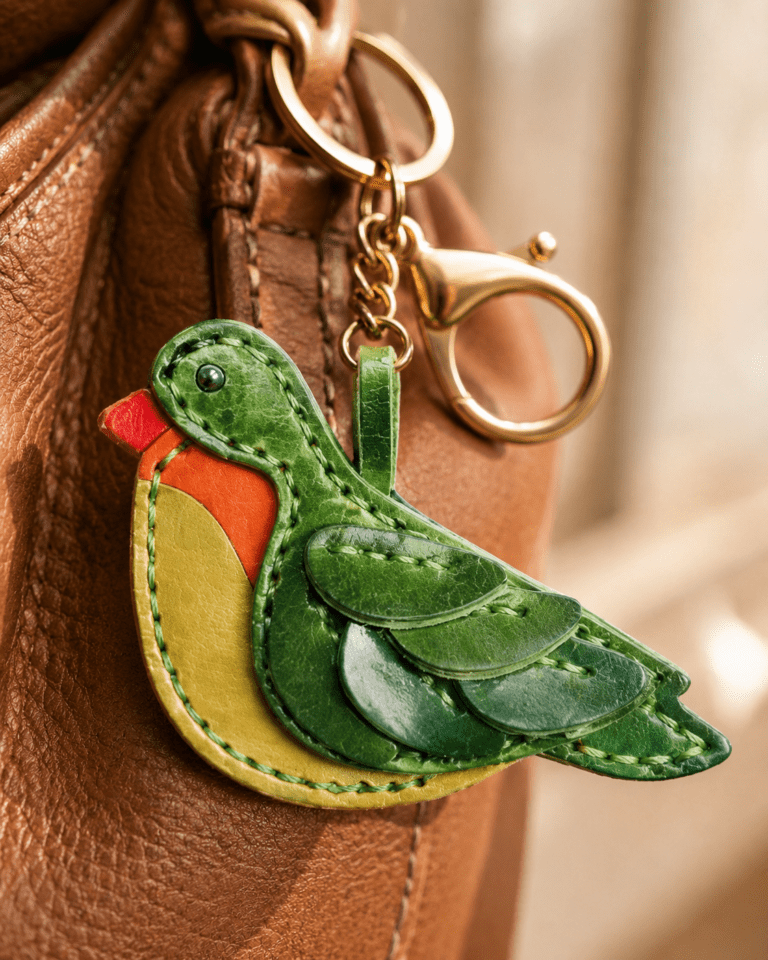 Close-up of a handmade leather green bird bag charm with layered wings, stitching, and gold hardware