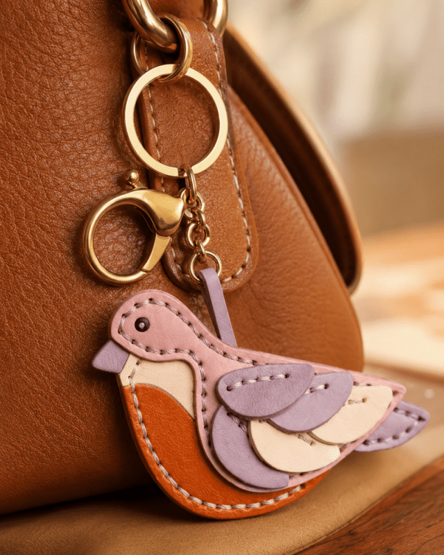 Close-up of a handmade leather pink bird bag charm with layered wings, stitching, and gold hardware