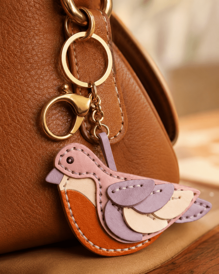 Close-up of a handmade leather pink bird bag charm with layered wings, stitching, and gold hardware