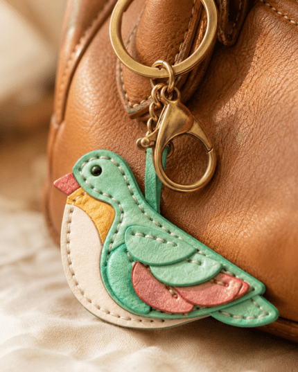Close-up of a handmade leather mint green bird bag charm with layered wings, stitching, and gold hardware