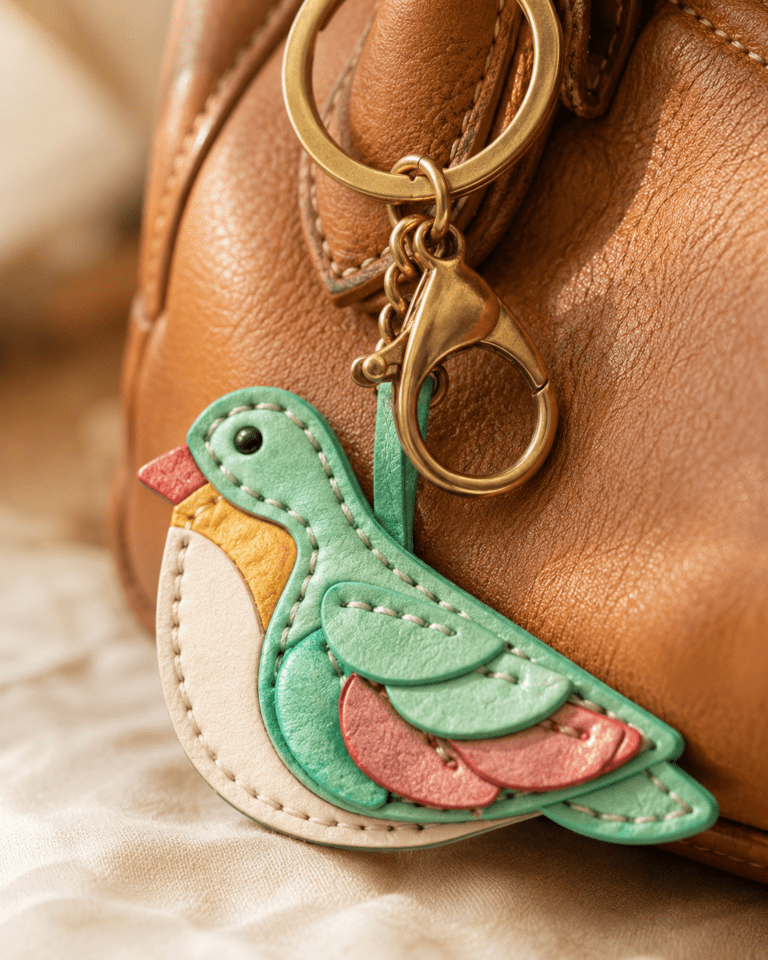 Close-up of a handmade leather mint green bird bag charm with layered wings, stitching, and gold hardware