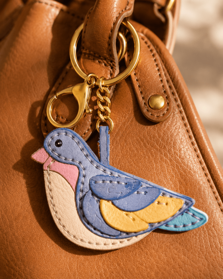 Close-up of a handmade leather pastel blue bird bag charm with gold hardware on a brown leather handbag