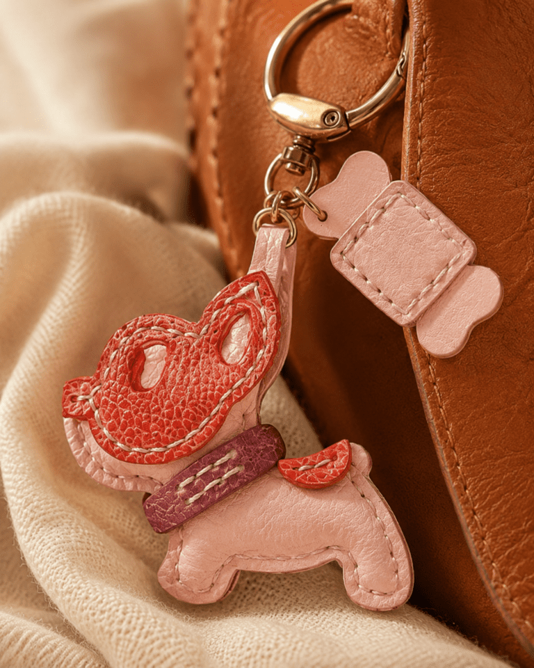 Close-up of a handmade leather pink puppy bag charm with bone accent and gold clasp on a brown handbag