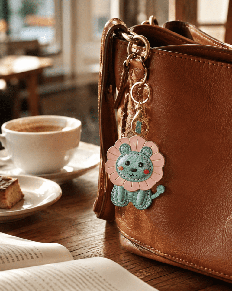 Handmade leather mint green lion bag charm hanging on a brown leather handbag in a warm cafe scene