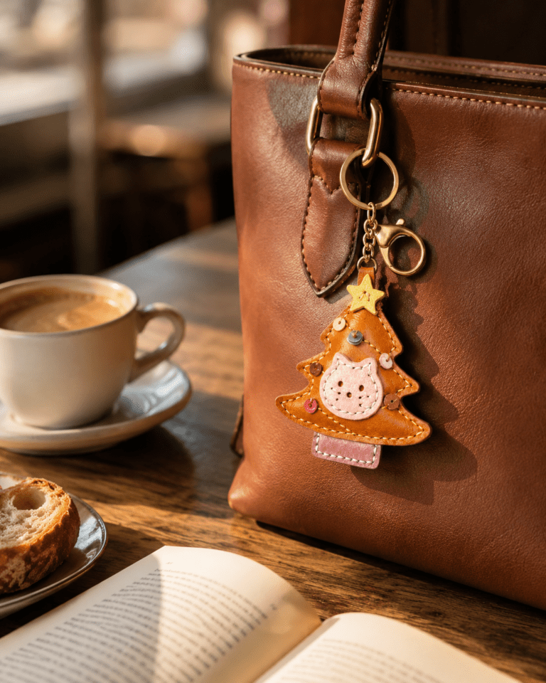 Handmade leather Christmas tree cat bag charm hanging on a brown leather handbag in a warm cafe scene