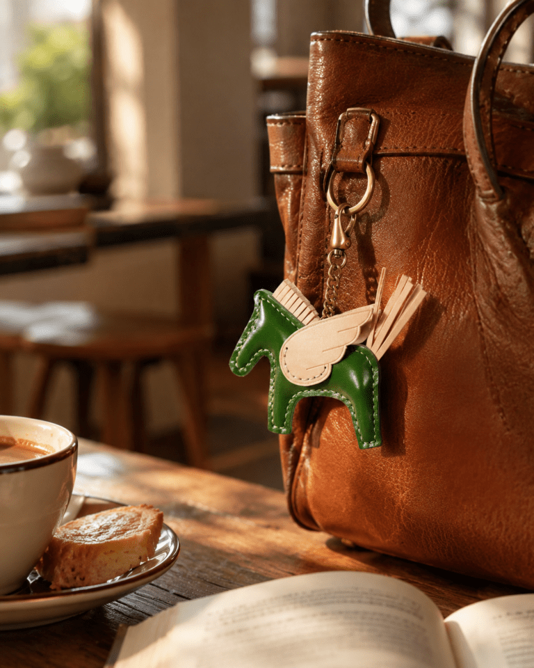 Handmade green leather winged horse bag charm hanging on a brown leather handbag in a warm cafe scene