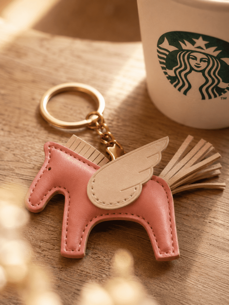 Close-up of handmade pink leather winged horse bag charm with cream wing, pale tail, stitching, and gold hardware