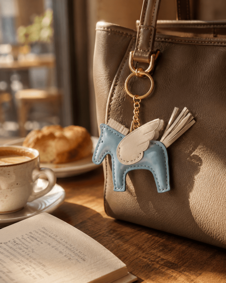 Handmade light blue leather winged horse bag charm hanging on a taupe handbag in a warm cafe scene