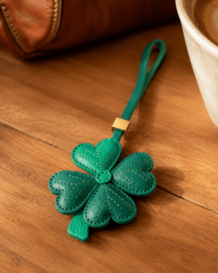Close-up of handmade green leather four-leaf clover charm showing stitched leaves and pebbled leather texture