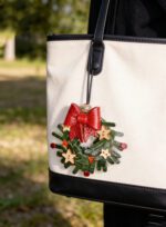 Handmade Leather Christmas Wreath Charm (Festive Bow & Star Wreath) - Image 3