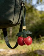 Handmade Leather Double Cherry Charm (Red with Green Leaves & Gold Accent) - Image 3