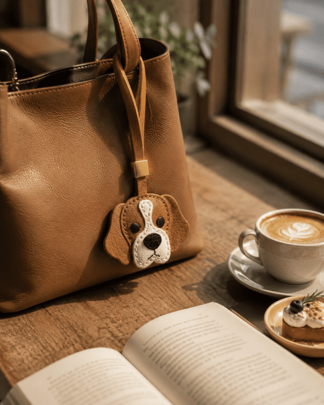 Handmade leather dog bag charm hanging on a brown leather handbag in a cozy cafe with coffee, dessert, and an open book