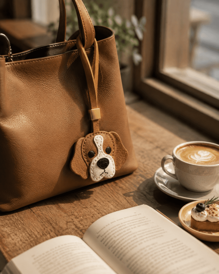 Handmade leather dog bag charm hanging on a brown leather handbag in a cozy cafe with coffee, dessert, and an open book