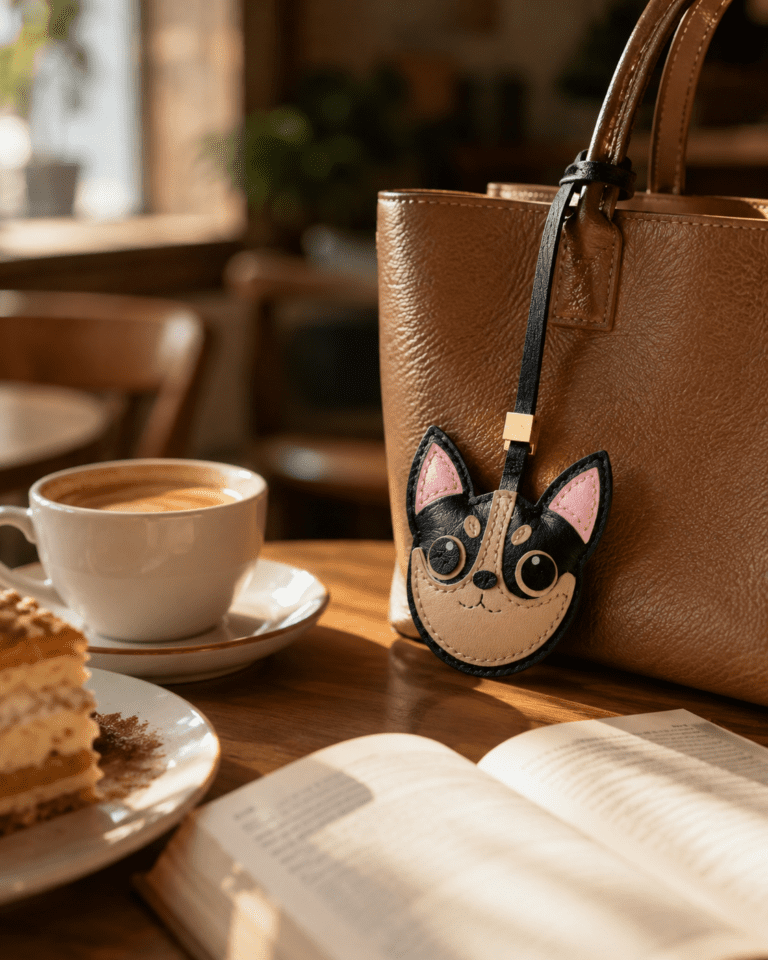 Handmade leather dog bag charm hanging on a brown handbag in a cozy cafe with coffee, cake, and an open book