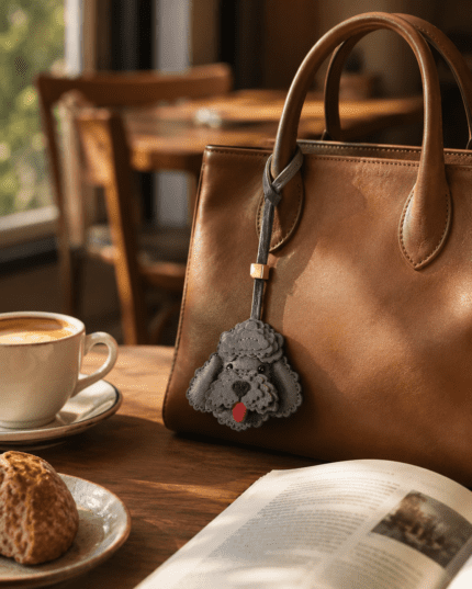 Handmade leather gray poodle dog charm hanging on a brown leather handbag beside coffee, bread, and an open book in warm cafe light