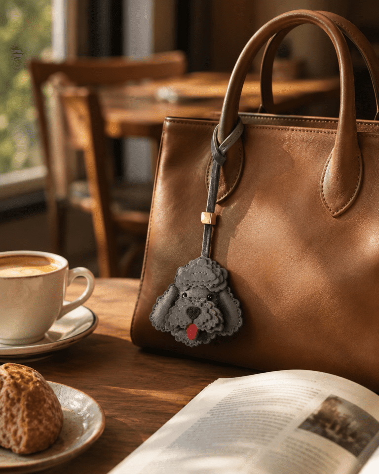 Handmade leather gray poodle dog charm hanging on a brown leather handbag beside coffee, bread, and an open book in warm cafe light