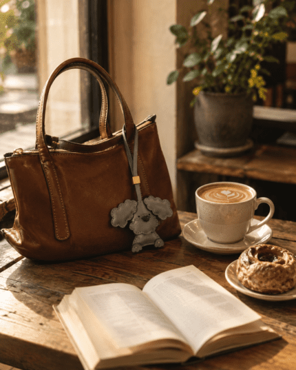 Handmade dog leather bag charm hanging on a brown leather bag with coffee and book on wooden table
