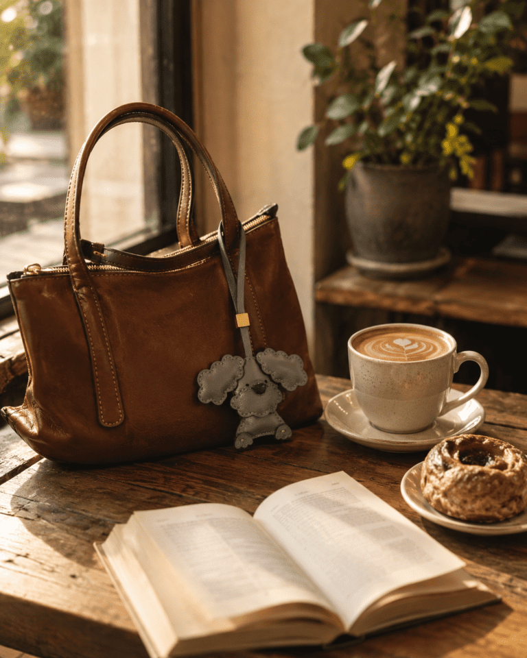Handmade dog leather bag charm hanging on a brown leather bag with coffee and book on wooden table