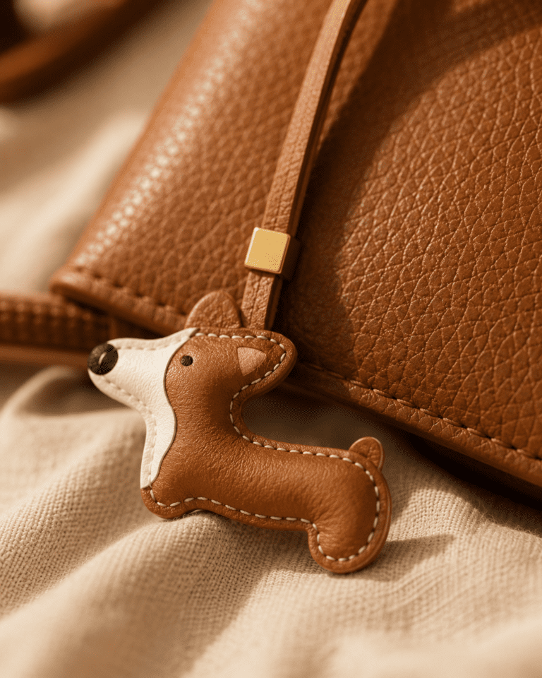 Brown leather handbag with a brown dog charm on a café table, accompanied by coffee and pastry, warm sunlight.