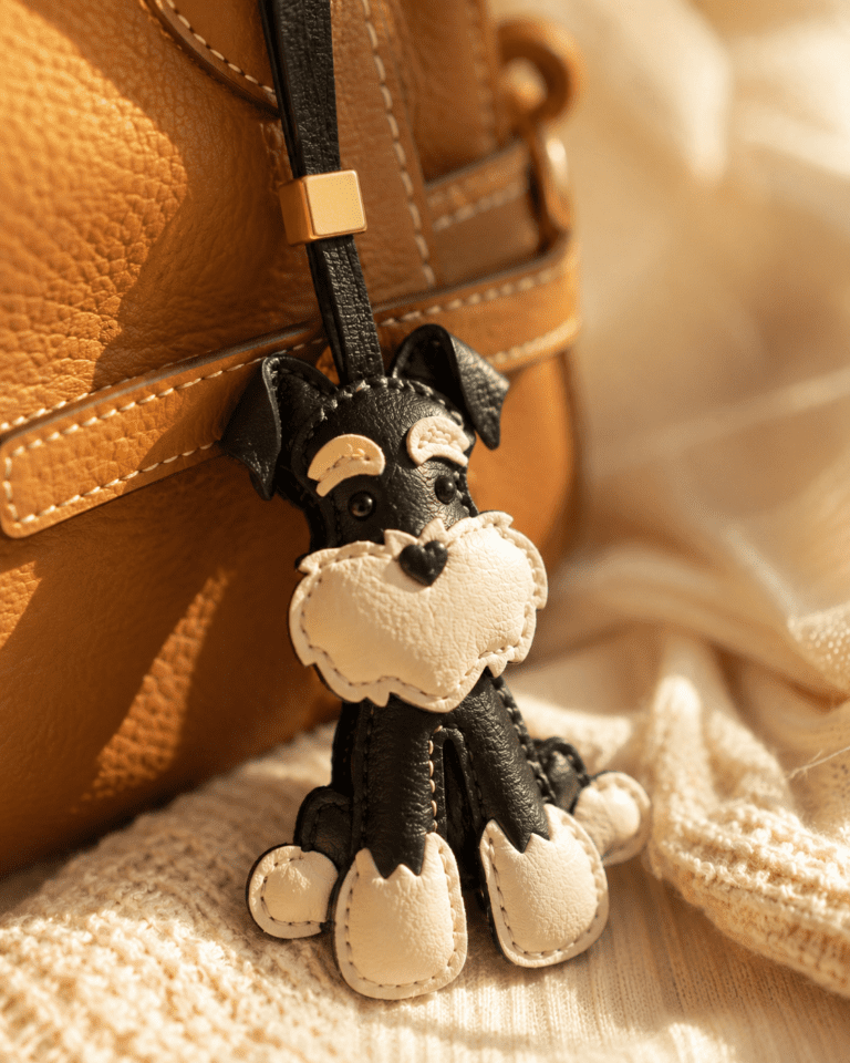 Close-up of handmade black and white schnauzer leather bag charm with gold accent, stitching, and leather texture.