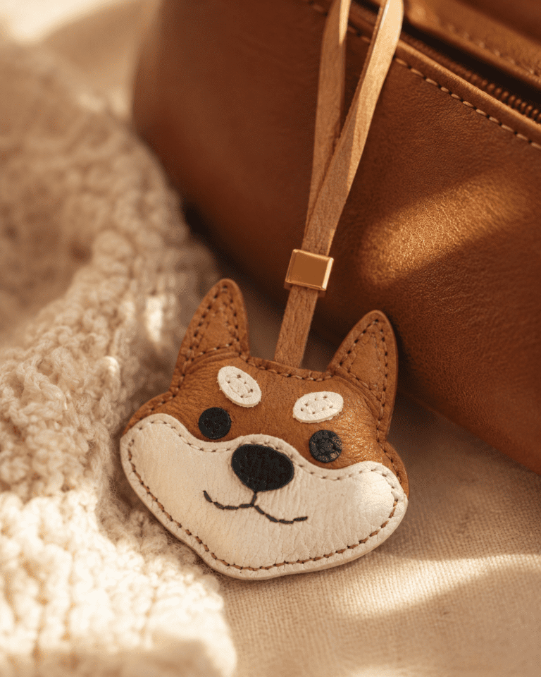 Close-up of handmade Shiba Inu leather charm with tan and cream leather, black nose, stitching, and gold accent.
