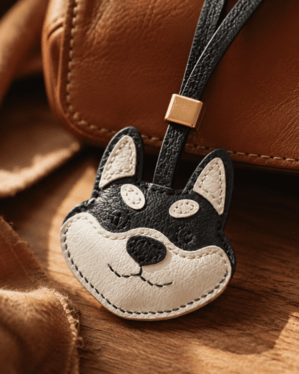 Close-up of handmade black and cream Husky leather charm with textured leather, black nose, stitching, and gold accent.