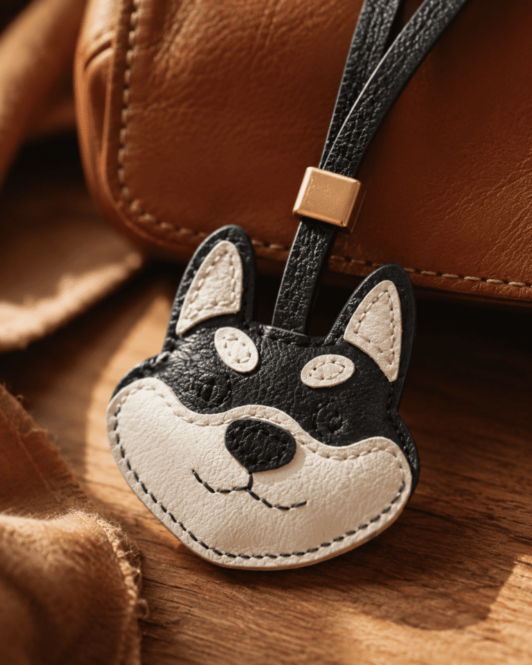Close-up of handmade black and cream Husky leather charm with textured leather, black nose, stitching, and gold accent.