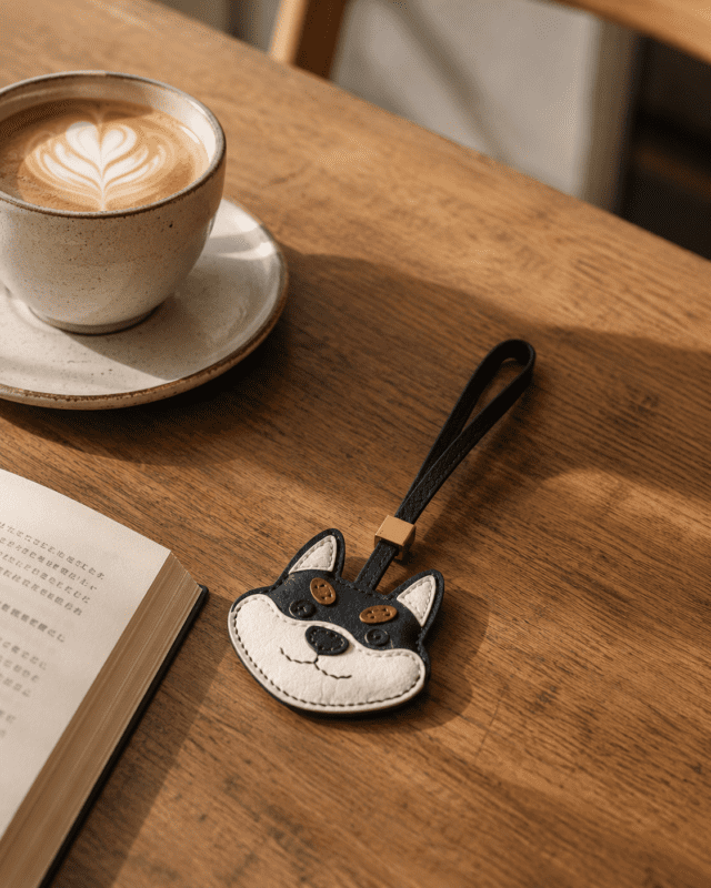 Close-up of black and white dog leather bag charm showing leather texture and stitching details
