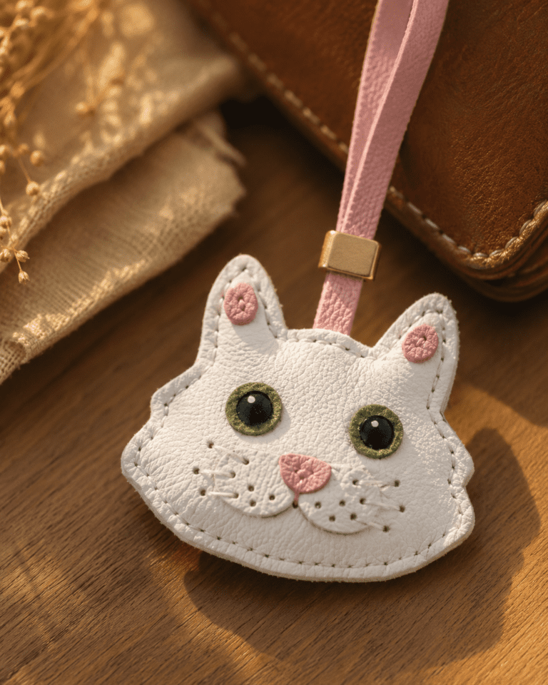 Close-up of handmade white cat leather bag charm with green eyes and pink strap on a wooden table