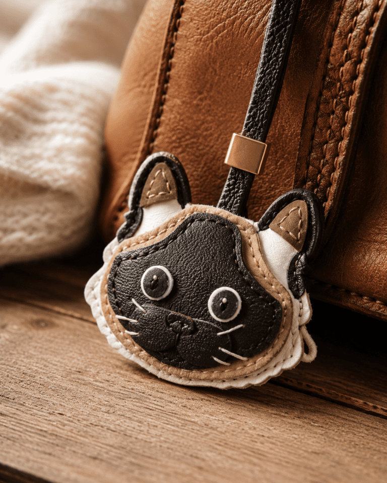Black cat leather bag charm hanging on caramel brown leather bag, cozy cafe environment with coffee and pastry.