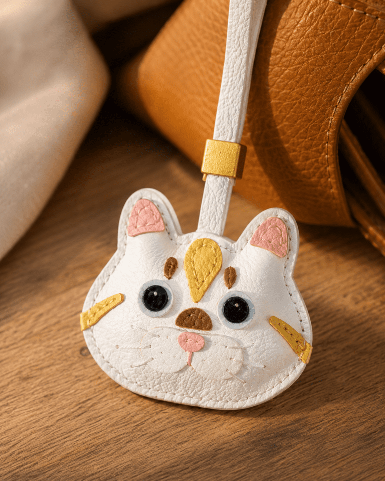 Close-up of a handmade leather white cat bag charm showing fine stitching, leather texture, and gold accent detail