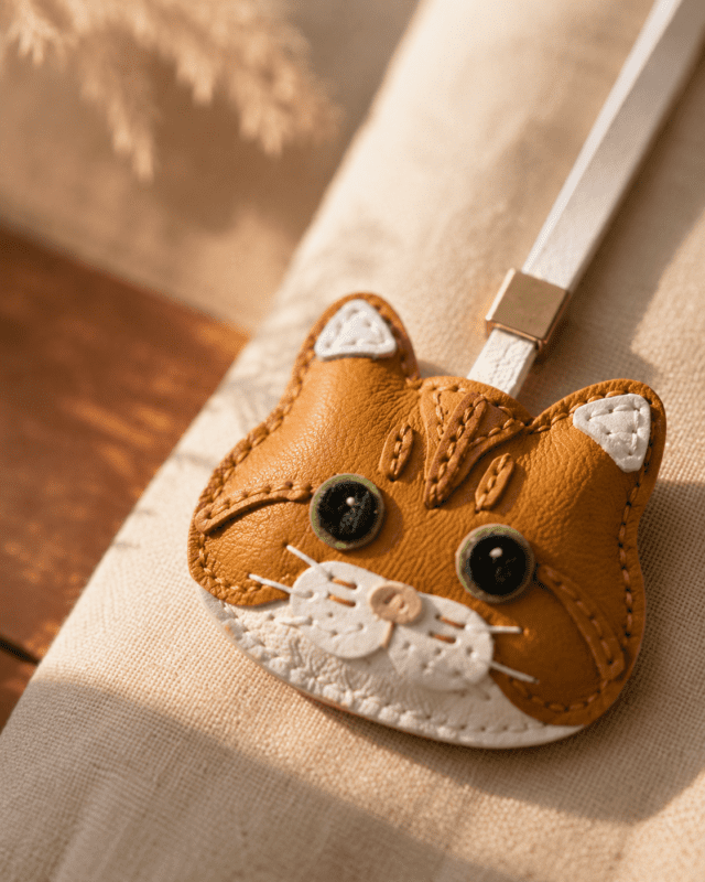 Close-up of handmade orange tabby cat leather bag charm showing green eyes, pink nose, stitching, and textured leather