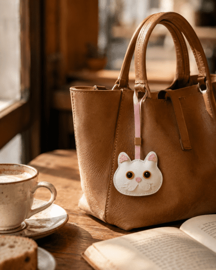 Handmade white cat leather bag charm with pink strap hanging on a brown leather tote bag beside coffee and an open book in a cozy cafe