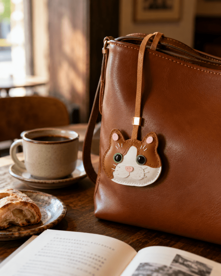 White cat leather bag charm hanging on a brown leather handbag with coffee and book in background