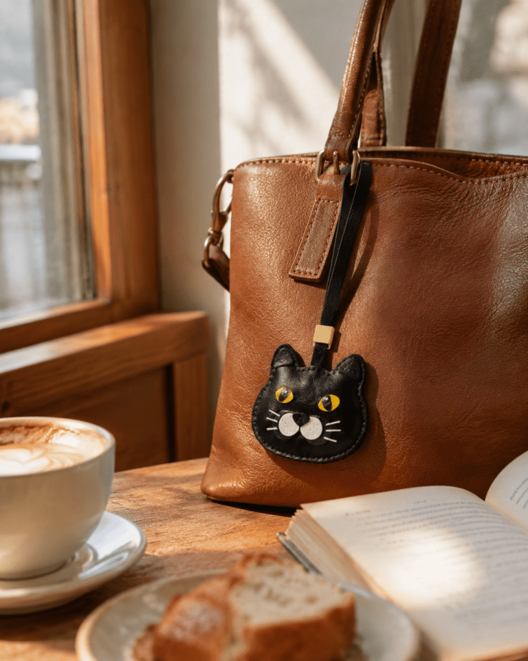 Black cat leather bag charm hanging on a brown leather handbag in a warm cafe scene