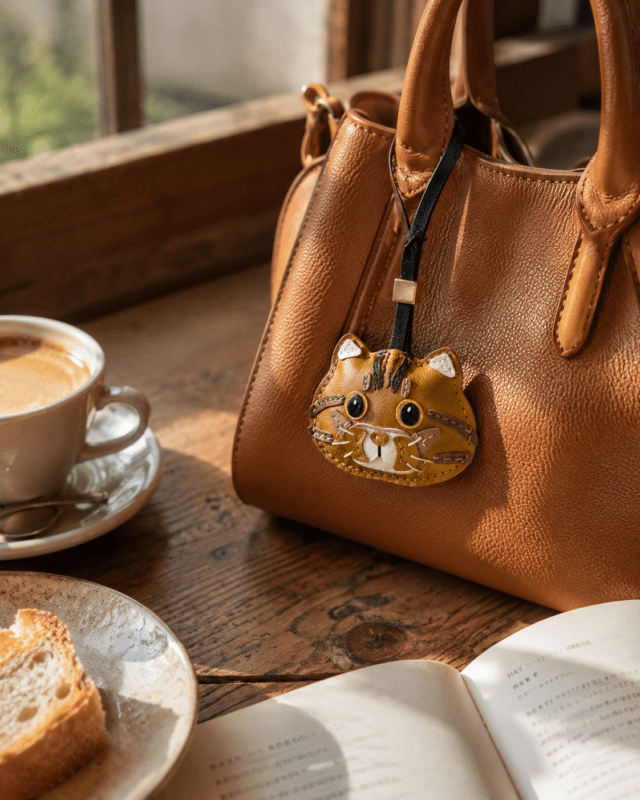 Handmade black cat leather bag charm hanging on a brown leather handbag, cozy cafe background