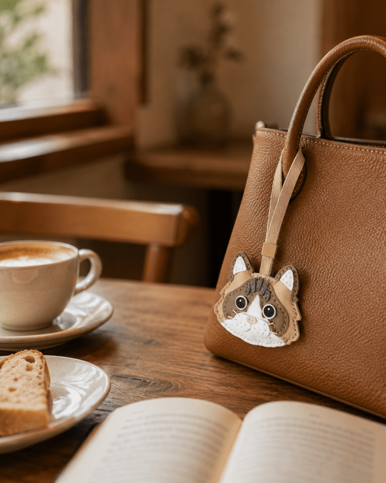 Handmade tabby cat leather bag charm hanging on a brown leather handbag in a cozy cafe with coffee, bread, and an open book.