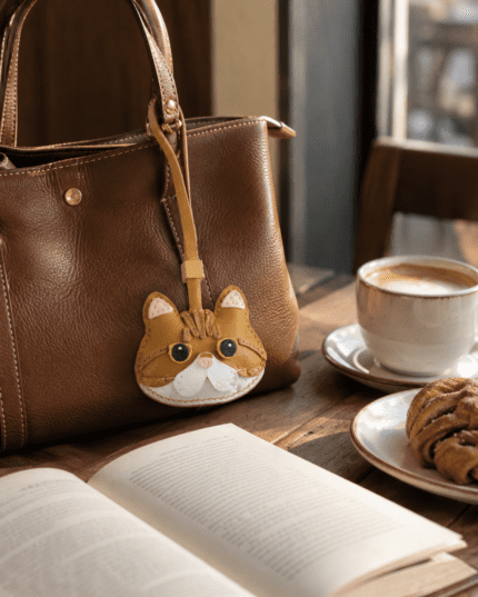 Handmade leather cat face bag charm in a cozy coffee shop setting