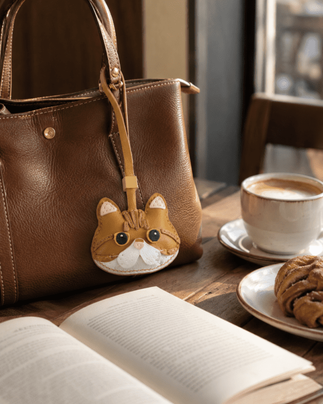 Handmade leather cat face bag charm in a cozy coffee shop setting